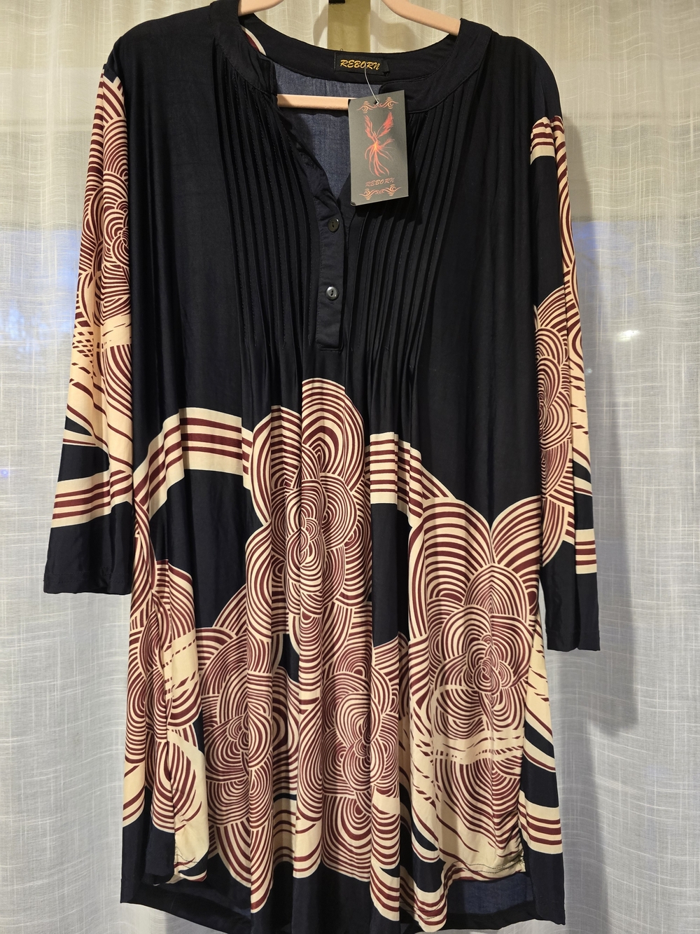 Reborn Black and Cream Abstract Pleated Tunic